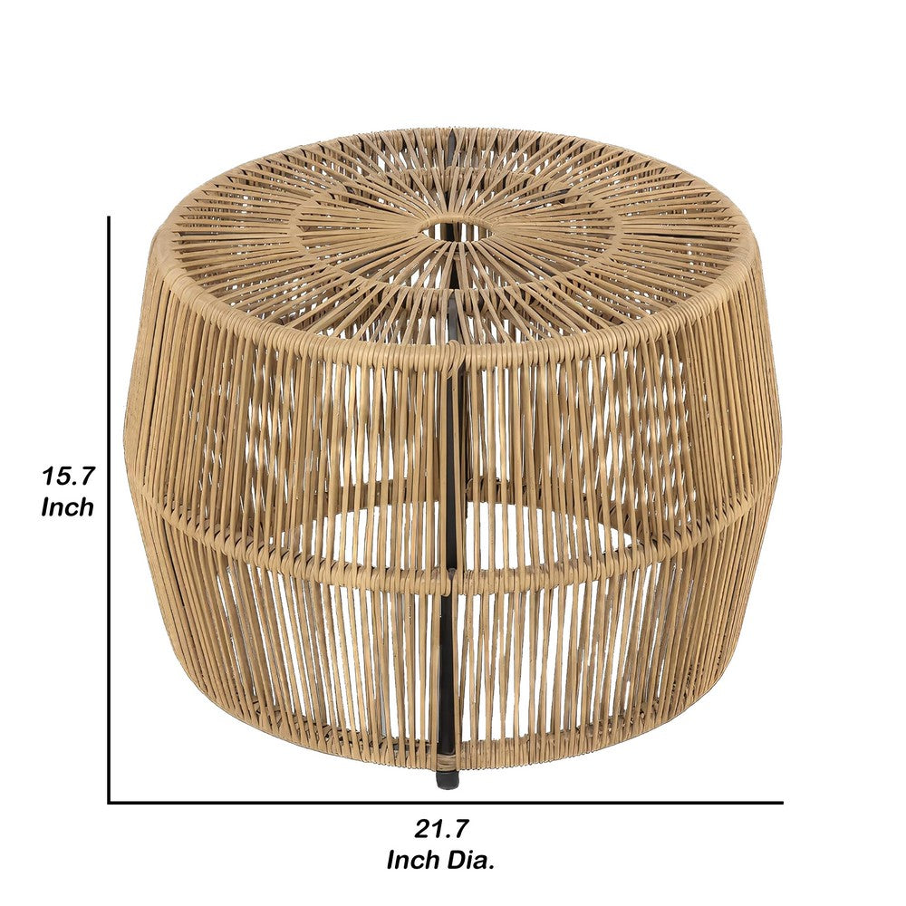 Benjara Zyan Outdoor Coffee Table, 22 Inch Natural Brown Rattan Wicker, Steel Frame