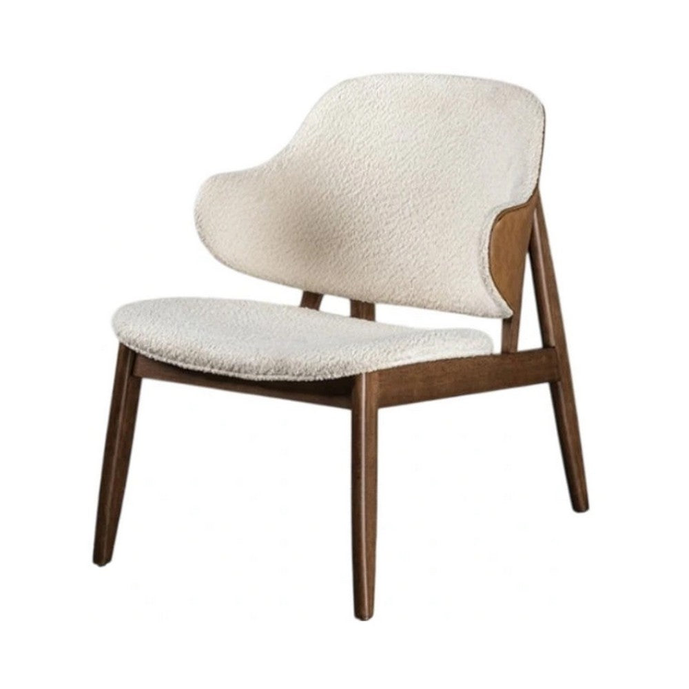 Benjara Biny Accent Chair, Winged Back Beige Boucle Fabric, Walnut Brown Wood