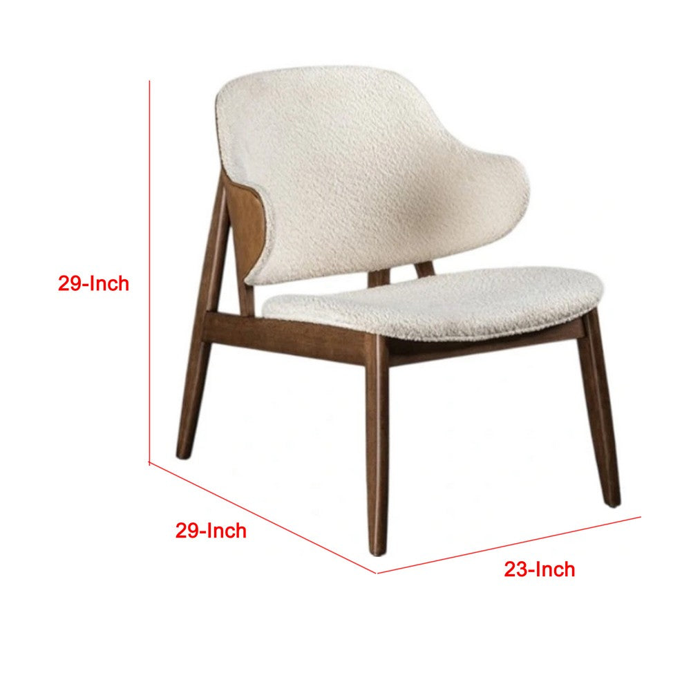Benjara Biny Accent Chair, Winged Back Beige Boucle Fabric, Walnut Brown Wood