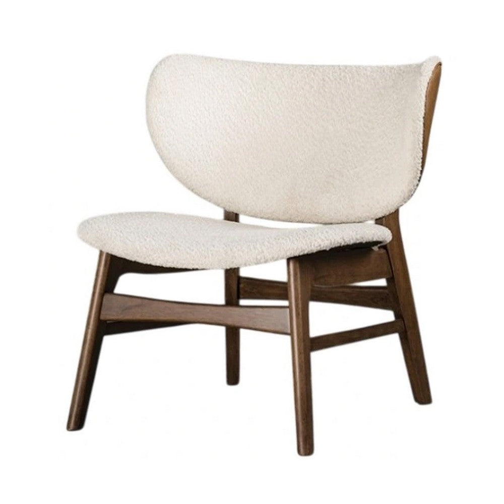 Benjara Sepy Accent Chair, Winged Back Beige Boucle Fabric, Walnut Brown Wood