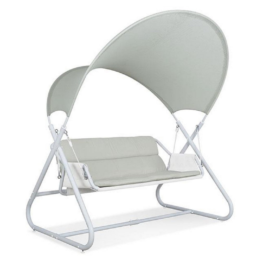Benjara Diz Outdoor Hanging Double Swing Sofa Chair, White Powder Coated Steel