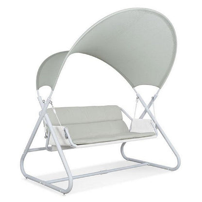 Benjara Diz Outdoor Hanging Double Swing Sofa Chair, White Powder Coated Steel