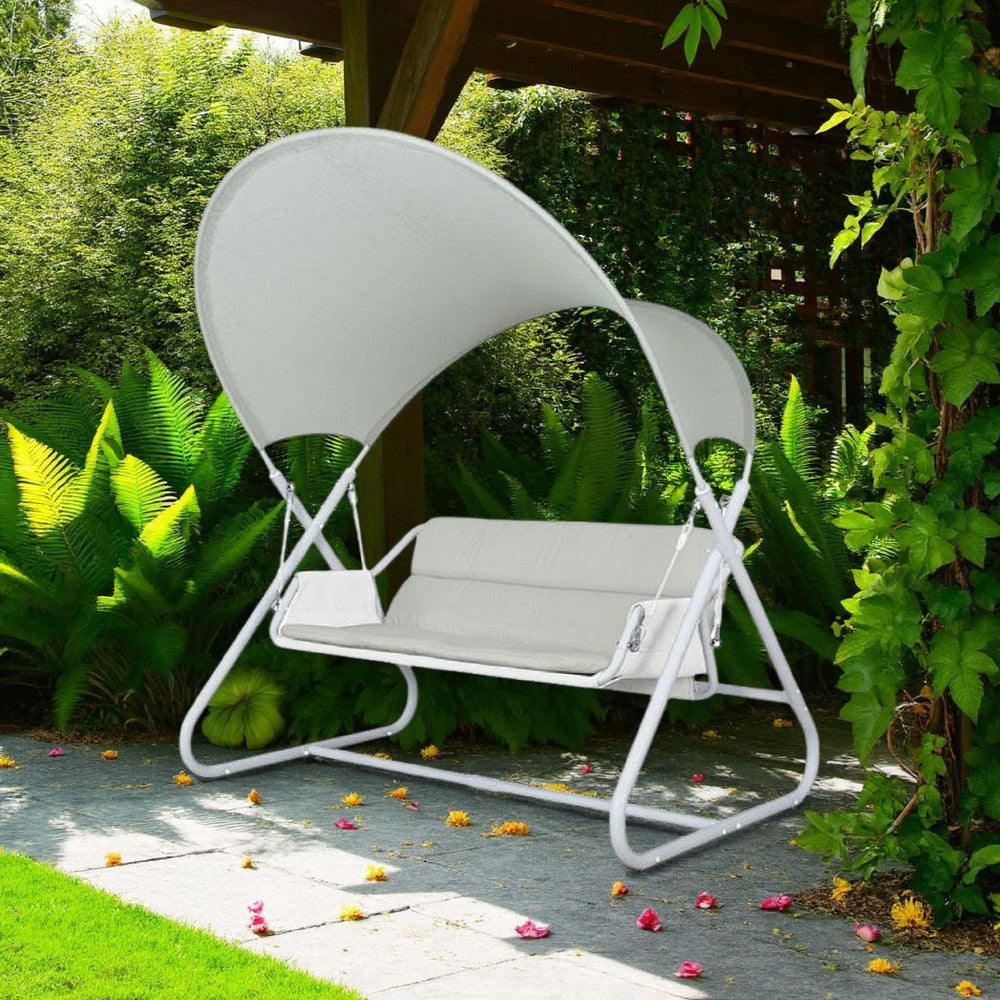 Benjara Diz Outdoor Hanging Double Swing Sofa Chair, White Powder Coated Steel