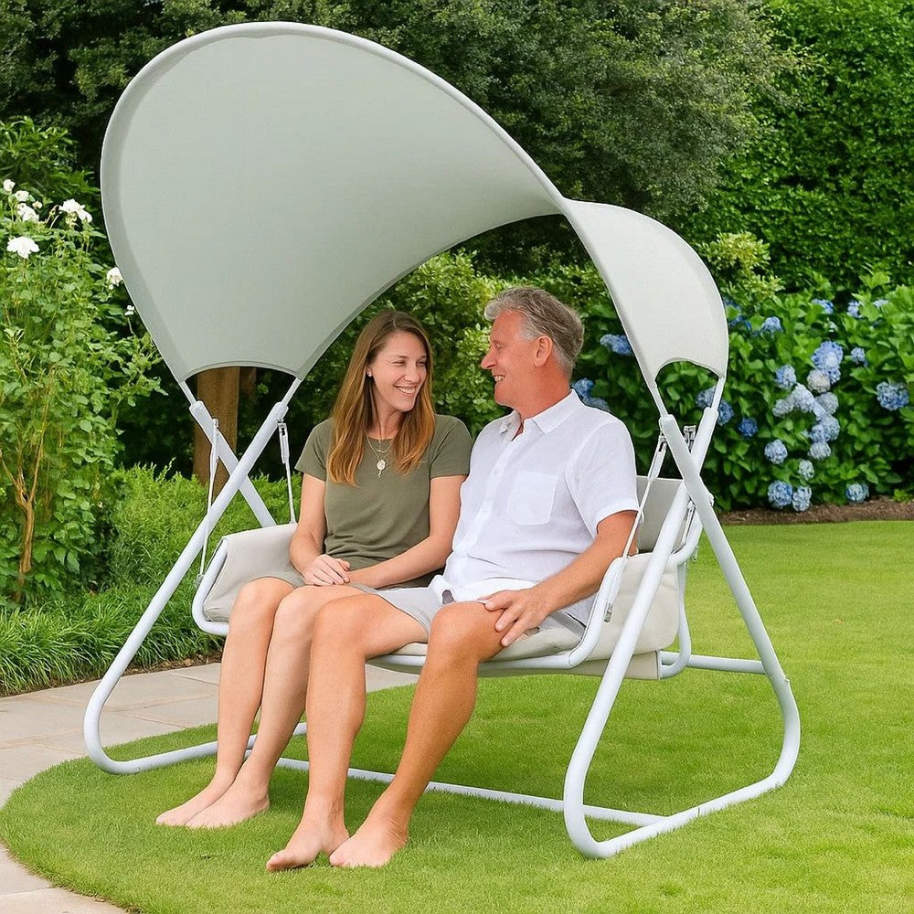 Benjara Diz Outdoor Hanging Double Swing Sofa Chair, White Powder Coated Steel