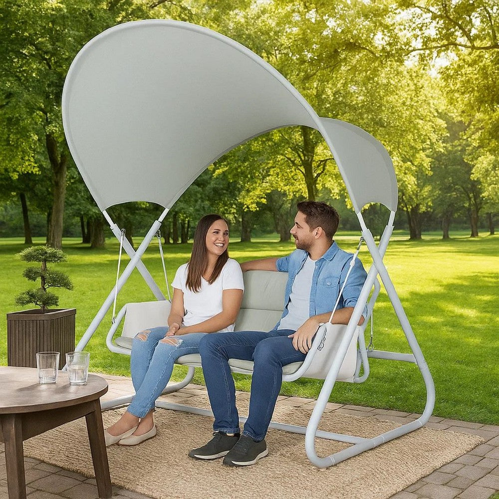 Benjara Diz Outdoor Hanging Double Swing Sofa Chair, White Powder Coated Steel
