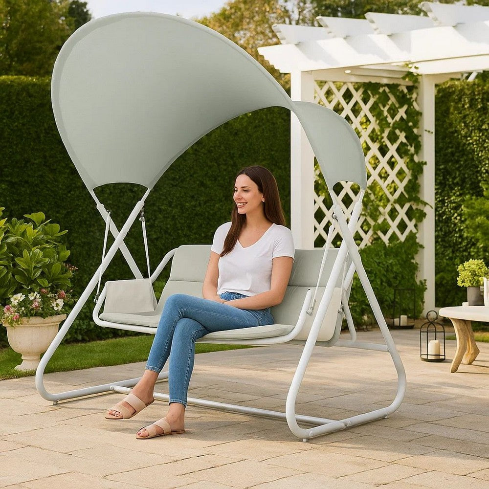 Benjara Diz Outdoor Hanging Double Swing Sofa Chair, White Powder Coated Steel