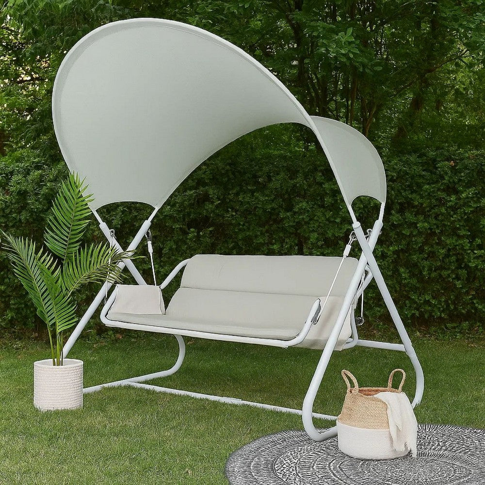 Benjara Diz Outdoor Hanging Double Swing Sofa Chair, White Powder Coated Steel