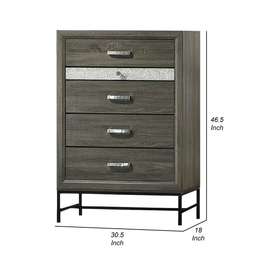 Benjara Lito Tall Dresser Chest, 4 Drawers w 1 Jewelry Tray, Glam Silver, Gray