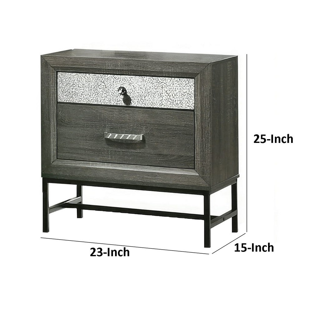 Benjara Lito 25 Inch Nightstand, 1 Drawer And Jewelry Tray, Glam Silver, Gray
