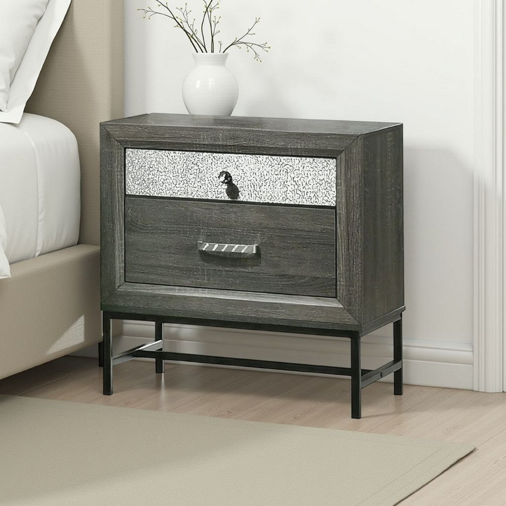 Benjara Lito 25 Inch Nightstand, 1 Drawer And Jewelry Tray, Glam Silver, Gray
