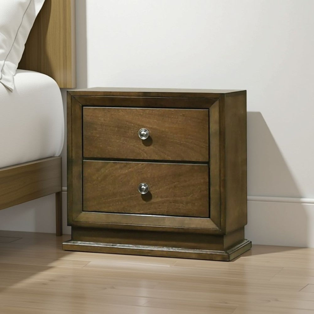 Benjara Rouk 24 Inch 2 Drawer Nightstand, Transitional, Walnut Brown Solid Wood