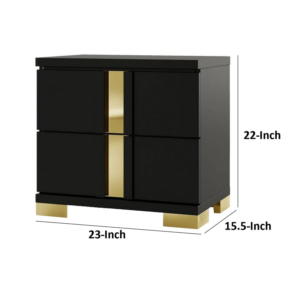 Benjara Yoki Nightstand, 2 Drawers, Modern Glam Black And Gold, 23 Inch