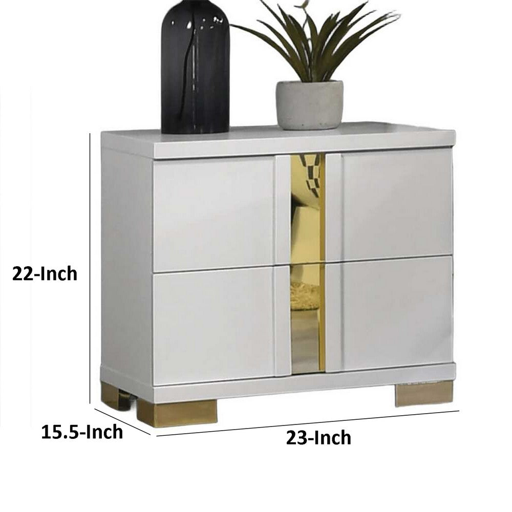 Benjara Yoki Nightstand, 2 Drawers, Modern Glam White And Gold, 23 Inch