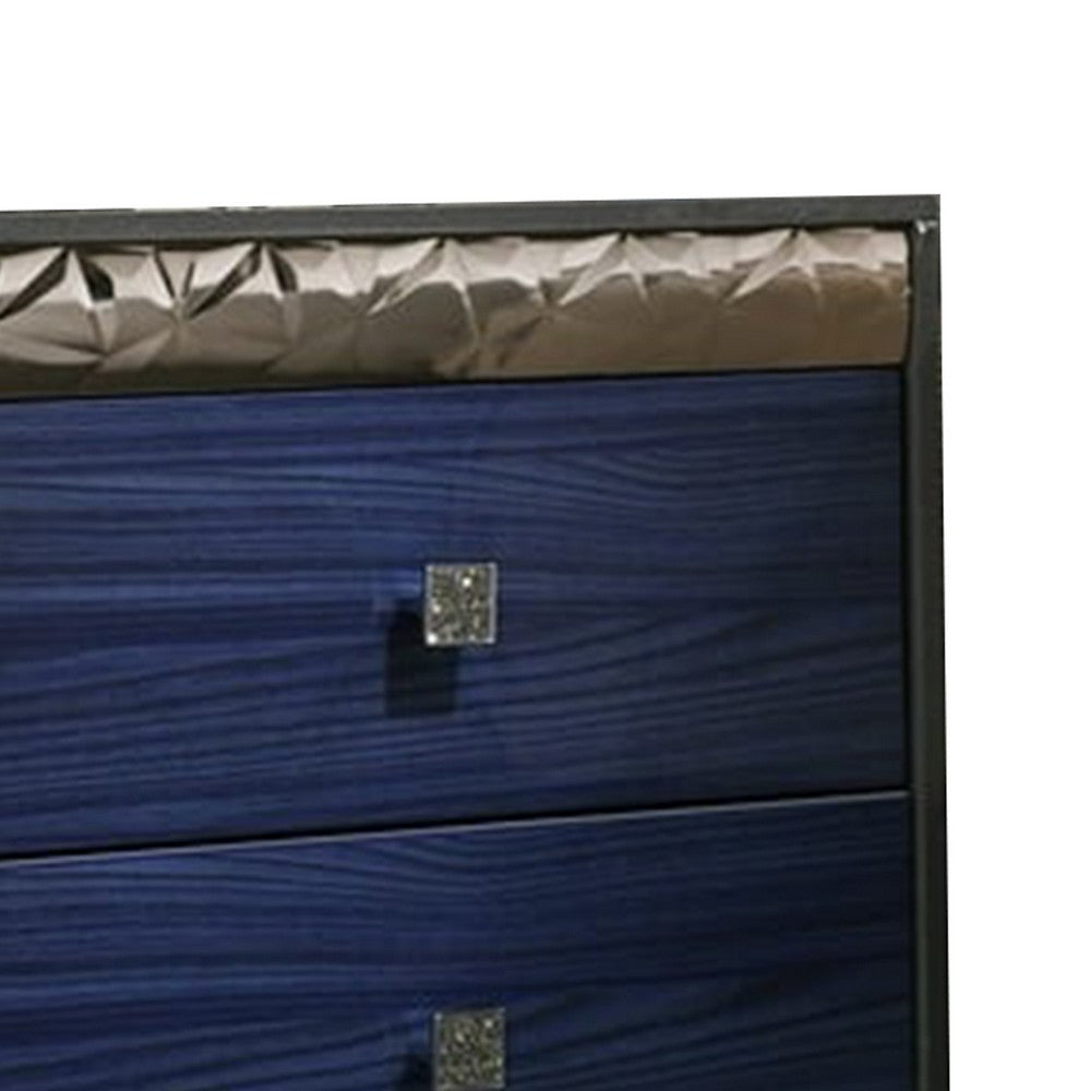Benjara Zara Nightstand w 2 Drawers, Crystal Knobs, Ash Gray, Indigo Blue Wood