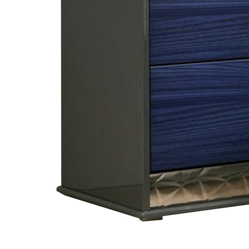 Benjara Zara Nightstand w 2 Drawers, Crystal Knobs, Ash Gray, Indigo Blue Wood