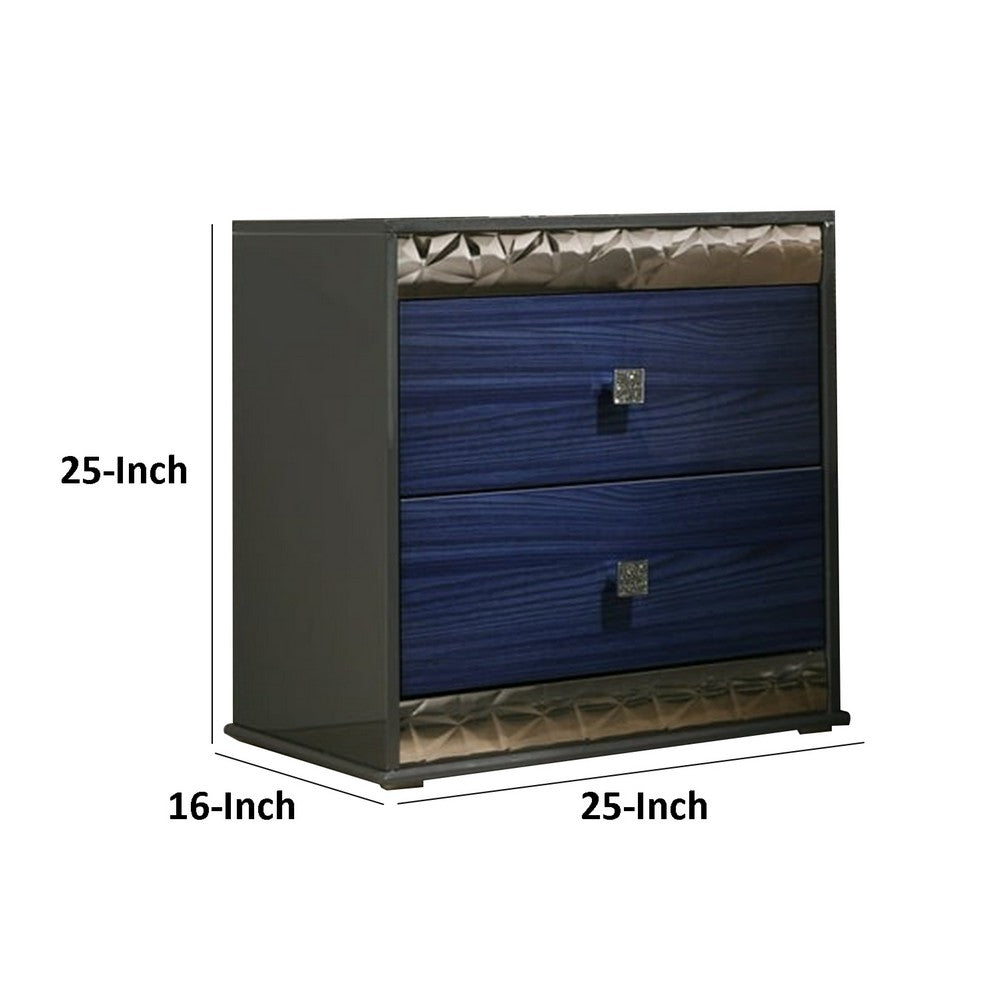 Benjara Zara Nightstand w 2 Drawers, Crystal Knobs, Ash Gray, Indigo Blue Wood