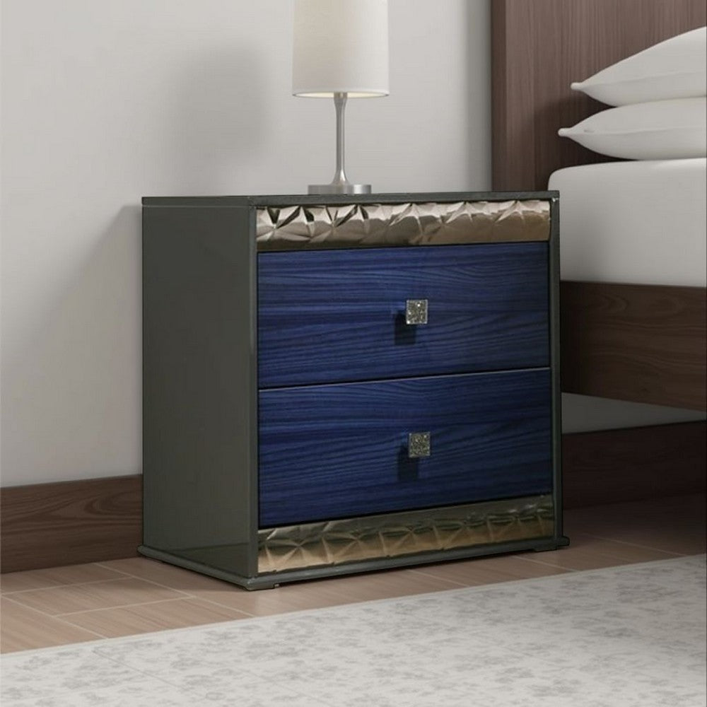 Benjara Zara Nightstand w 2 Drawers, Crystal Knobs, Ash Gray, Indigo Blue Wood