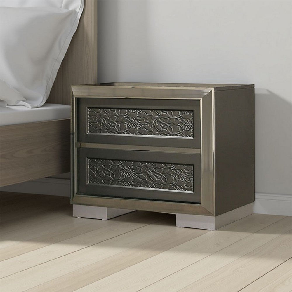 Benjara Levi Nightstand, 2 Leaf Molded Framed Drawers, Dark Gray