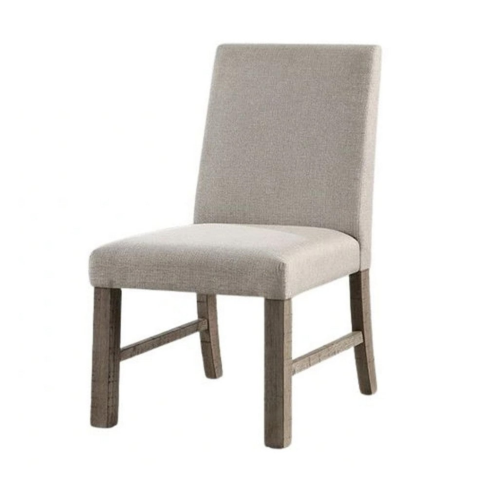Benjara Genu Side Dining Chair Set of 2, Rustic Gray Wood, Gray Fabric