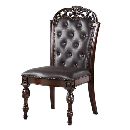 Benjara Eva Side Dining Chair Set of 2, Rivet Trim, Brown Tufted Faux Leather