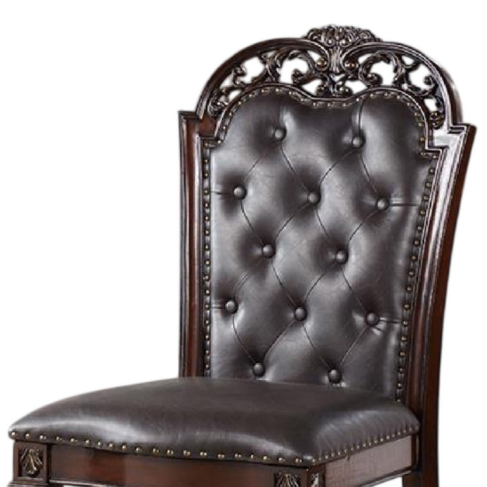 Benjara Eva Side Dining Chair Set of 2, Rivet Trim, Brown Tufted Faux Leather