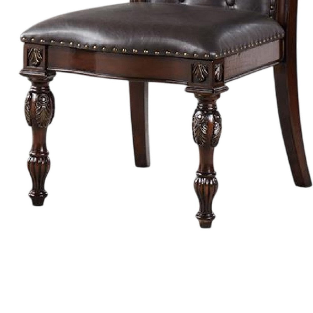 Benjara Eva Side Dining Chair Set of 2, Rivet Trim, Brown Tufted Faux Leather