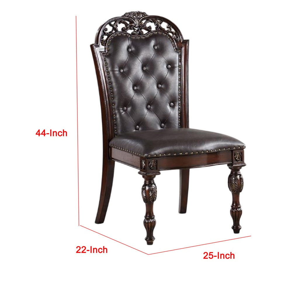 Benjara Eva Side Dining Chair Set of 2, Rivet Trim, Brown Tufted Faux Leather