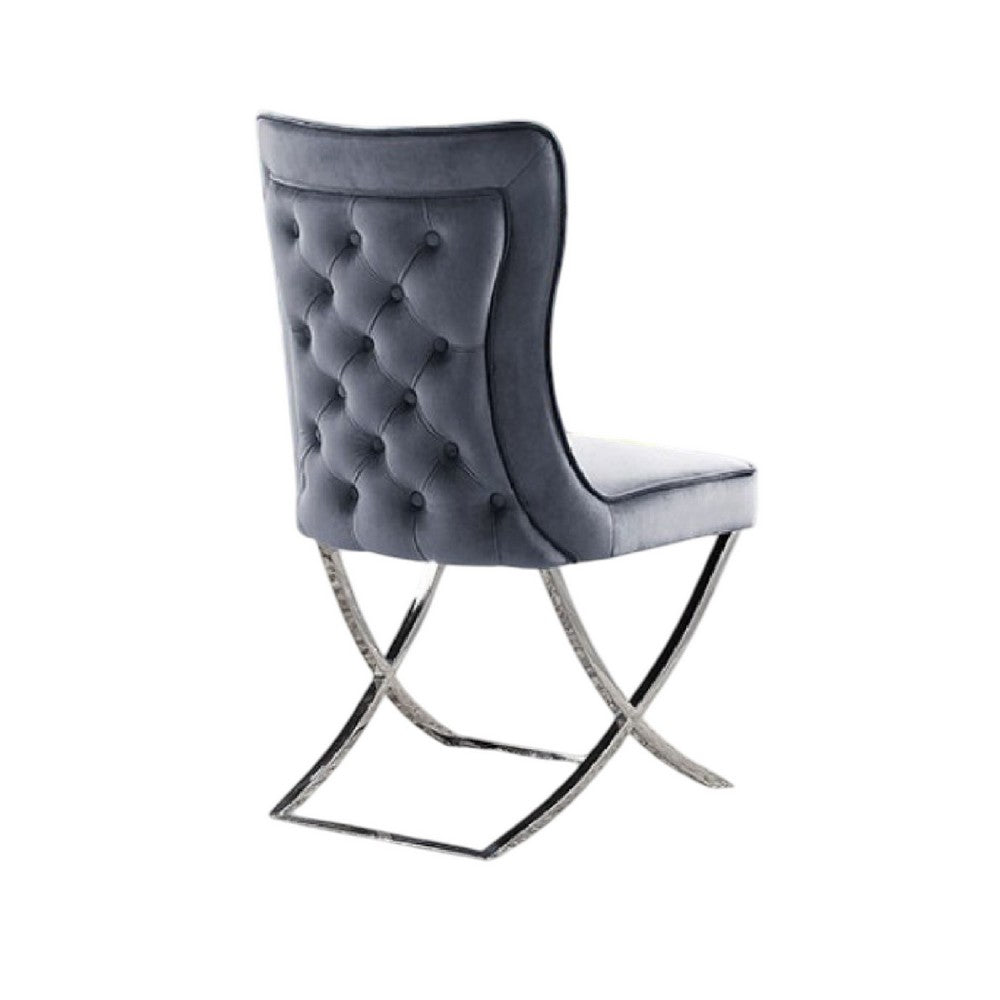 Benjara Waden Side Dining Chair Set of 2, Chrome Metal, Gray Button Tufted Velvet