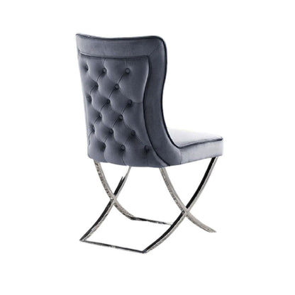 Benjara Waden Side Dining Chair Set of 2, Chrome Metal, Gray Button Tufted Velvet