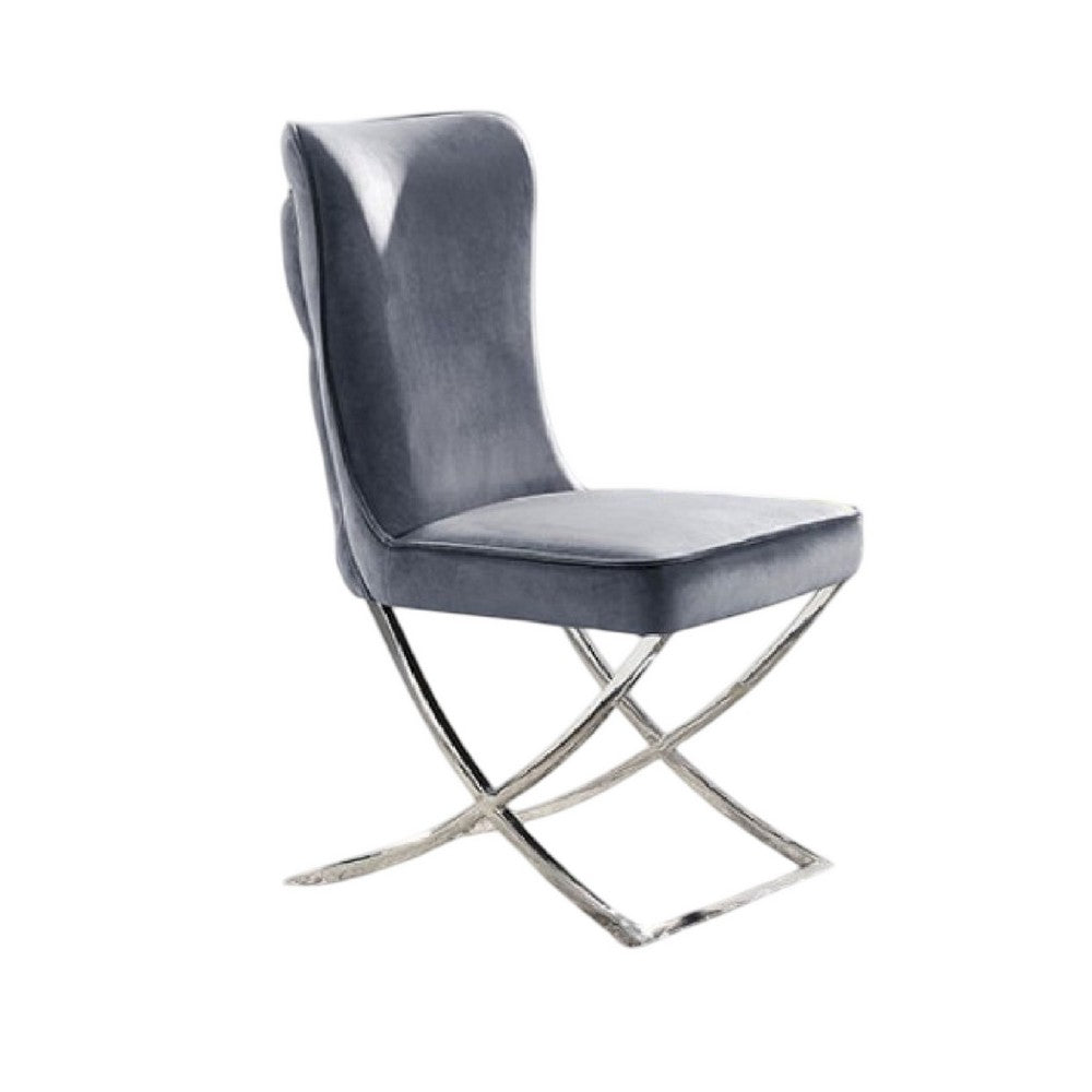 Benjara Waden Side Dining Chair Set of 2, Chrome Metal, Gray Button Tufted Velvet