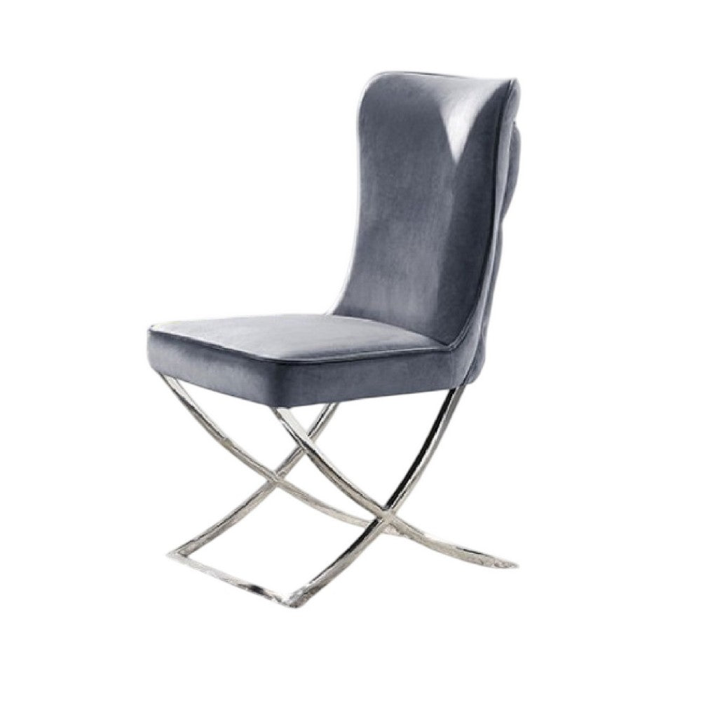 Benjara Waden Side Dining Chair Set of 2, Chrome Metal, Gray Button Tufted Velvet