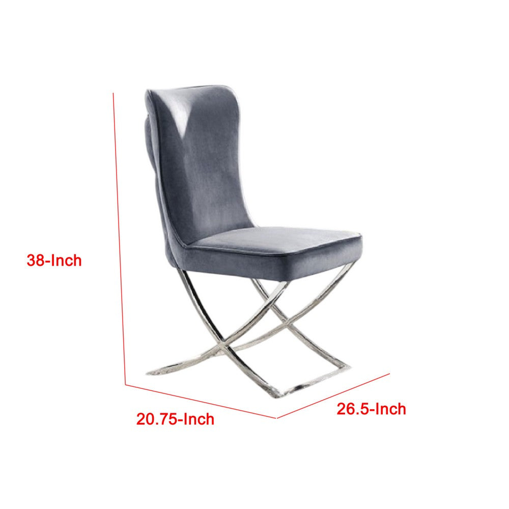 Benjara Waden Side Dining Chair Set of 2, Chrome Metal, Gray Button Tufted Velvet