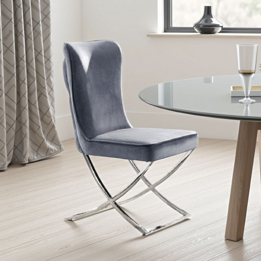 Benjara Waden Side Dining Chair Set of 2, Chrome Metal, Gray Button Tufted Velvet