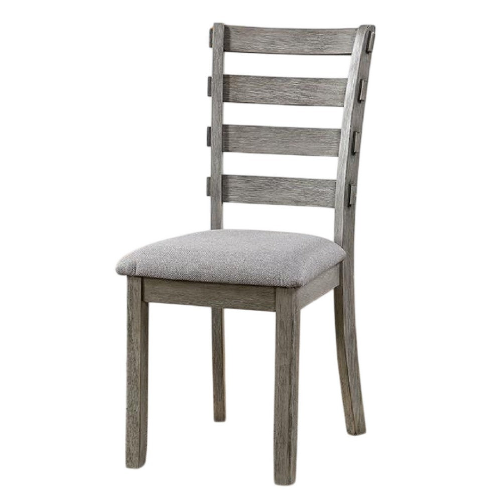 Benjara Lais Side Dining Chair Set of 2, Ladder Backrest, Solid Wood, Gray Fabric