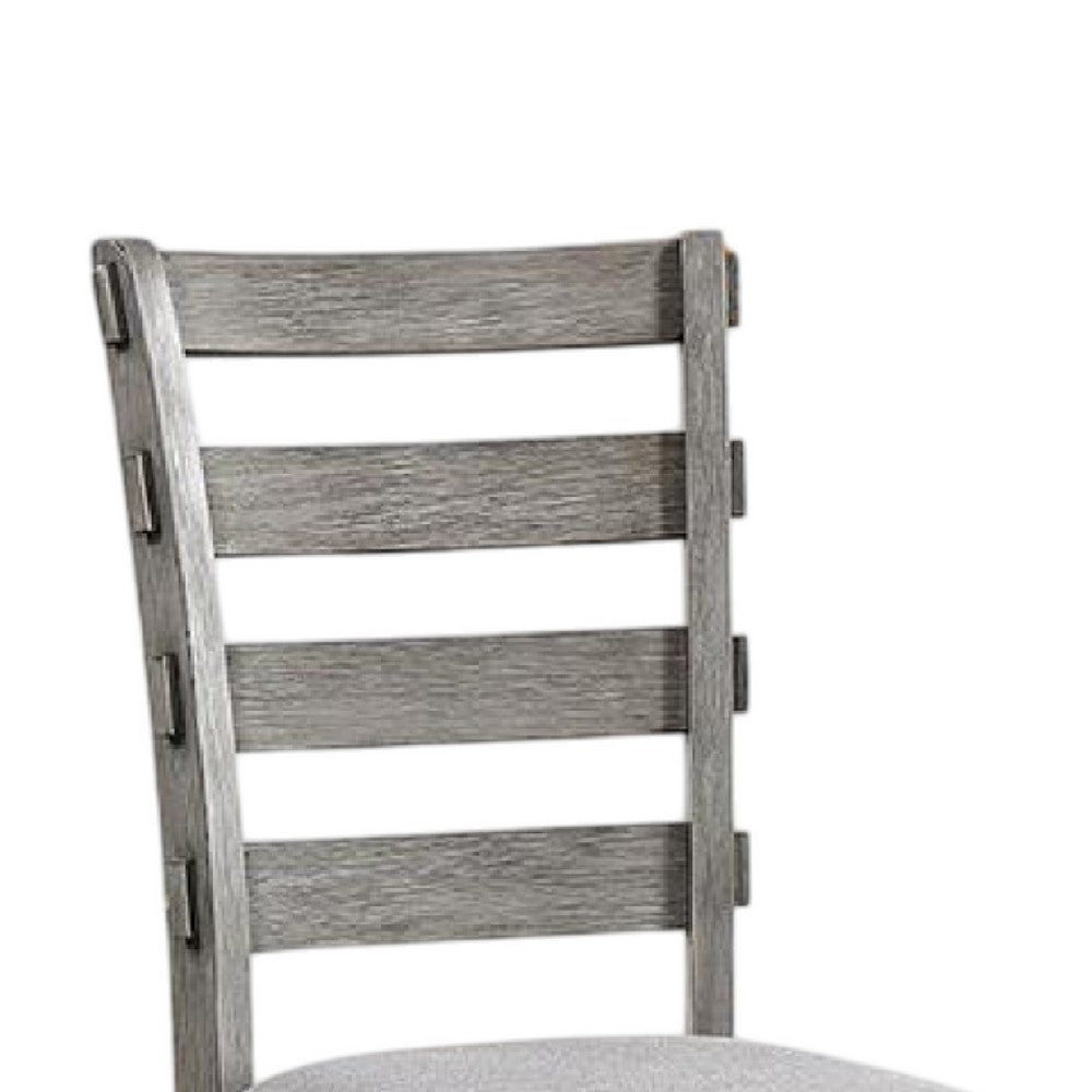 Benjara Lais Side Dining Chair Set of 2, Ladder Backrest, Solid Wood, Gray Fabric
