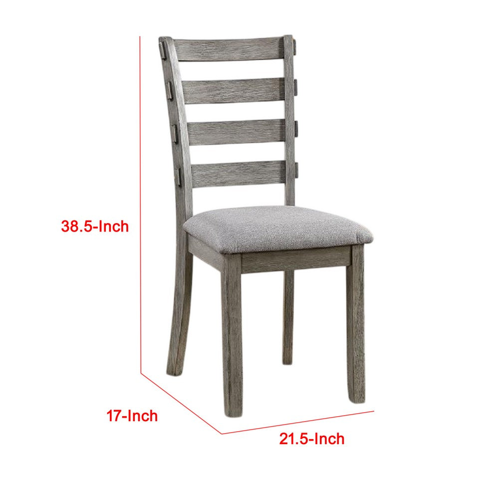 Benjara Lais Side Dining Chair Set of 2, Ladder Backrest, Solid Wood, Gray Fabric