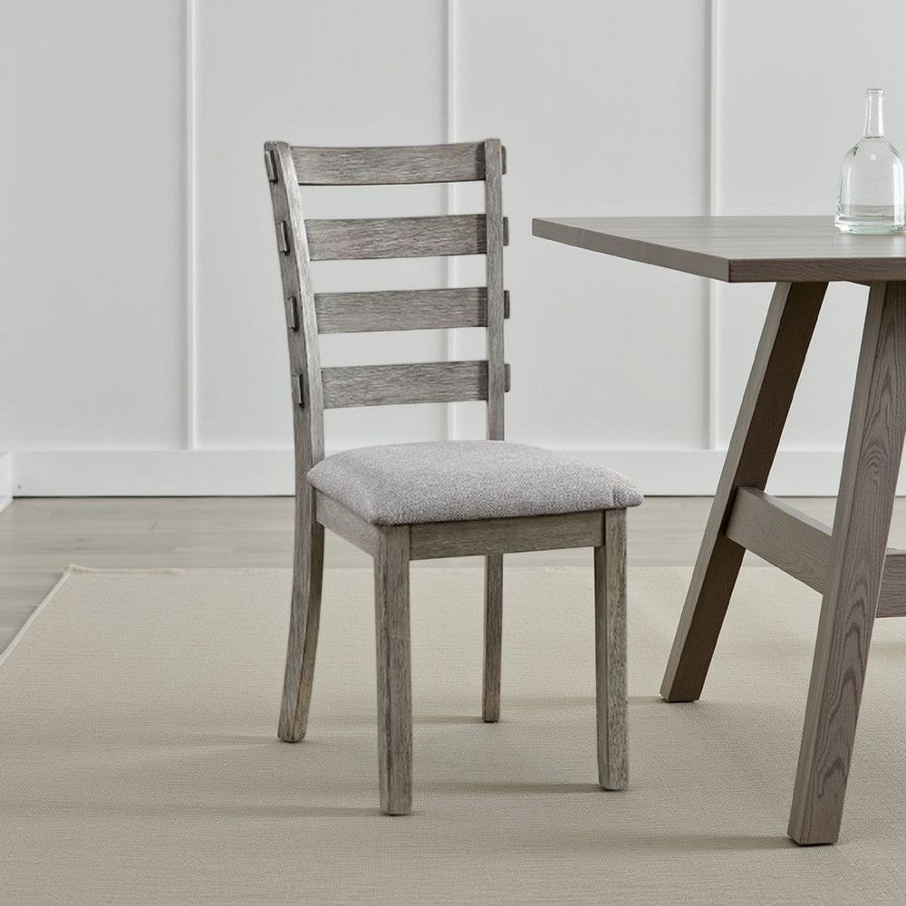 Benjara Lais Side Dining Chair Set of 2, Ladder Backrest, Solid Wood, Gray Fabric