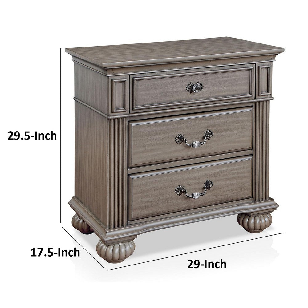 Benjara Recus Classic Nightstand with 3 Drawers, Acrylic Accents, Gray Solid Wood