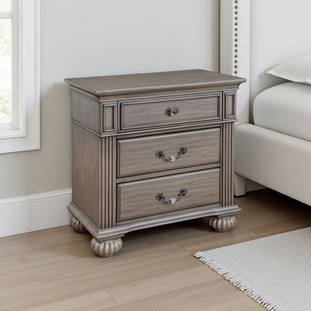 Benjara Recus Classic Nightstand with 3 Drawers, Acrylic Accents, Gray Solid Wood