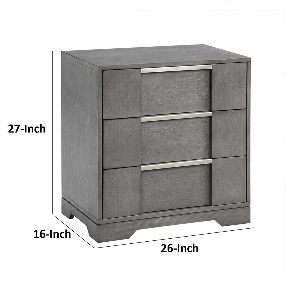 Benjara Levice Nightstand with 3 Drawers, Dovetail Built Gray Solid Wood