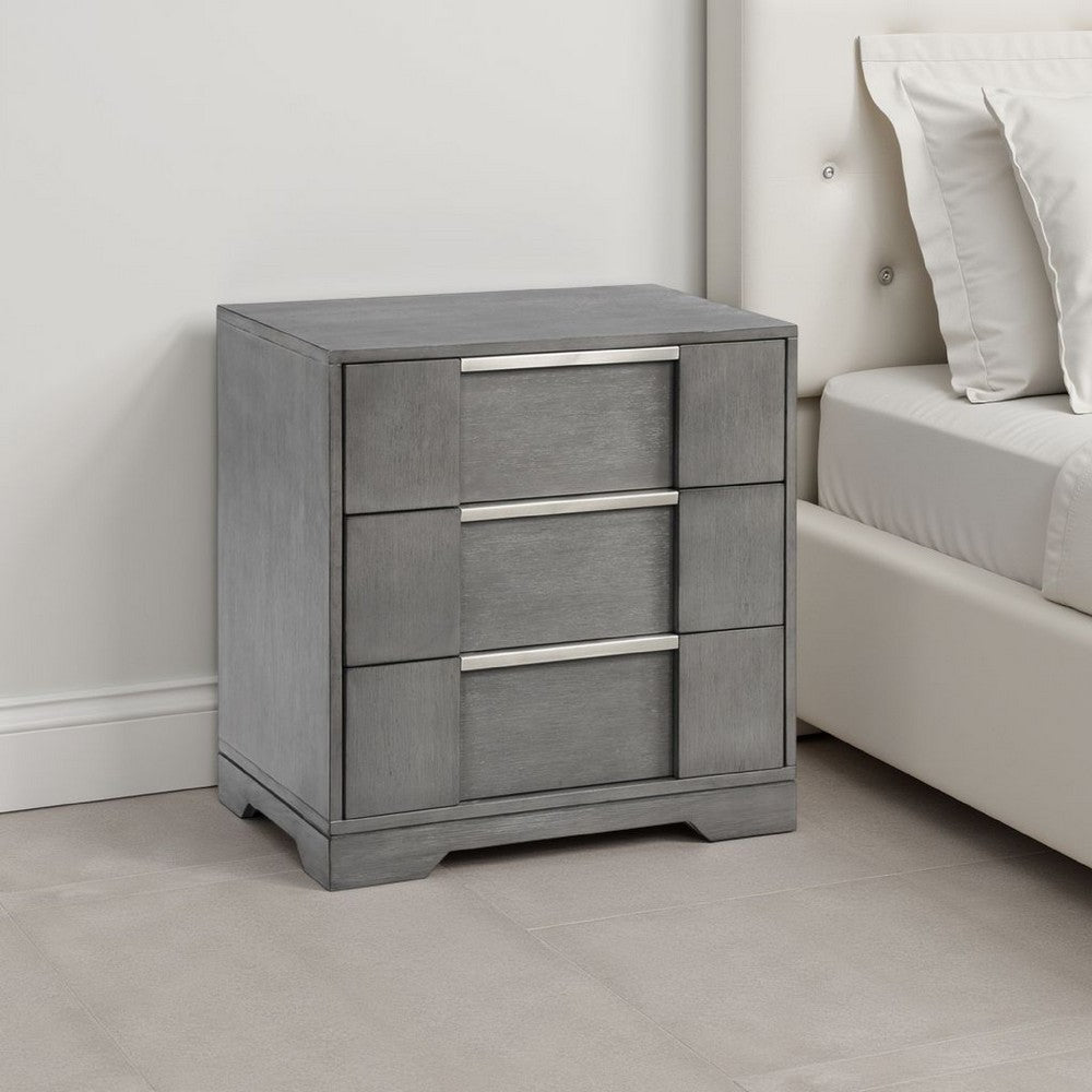 Benjara Levice Nightstand with 3 Drawers, Dovetail Built Gray Solid Wood