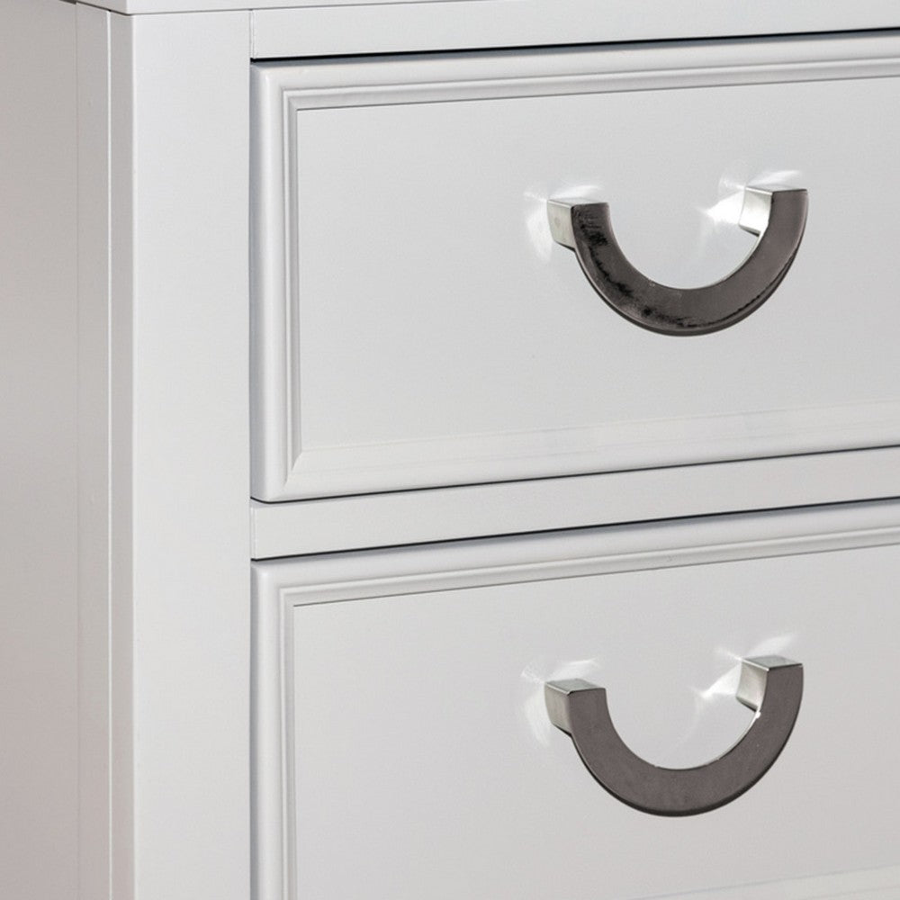 Benjara Kiki Nightstand with 2 Drawers, Chrome Metal, White Wood