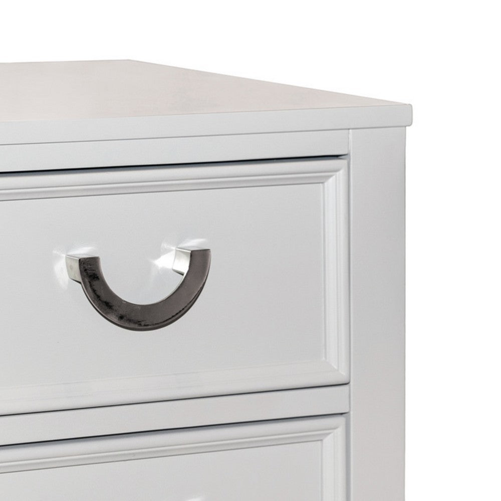 Benjara Kiki Nightstand with 2 Drawers, Chrome Metal, White Wood