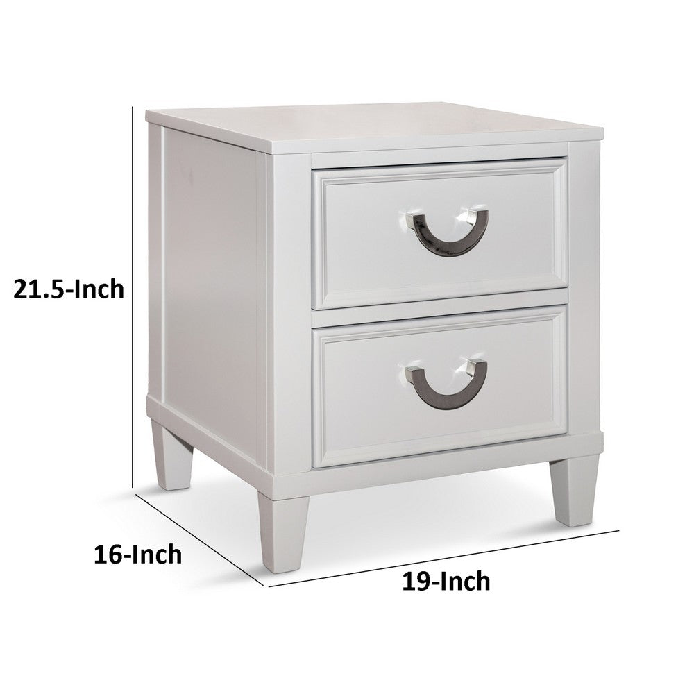 Benjara Kiki Nightstand with 2 Drawers, Chrome Metal, White Wood