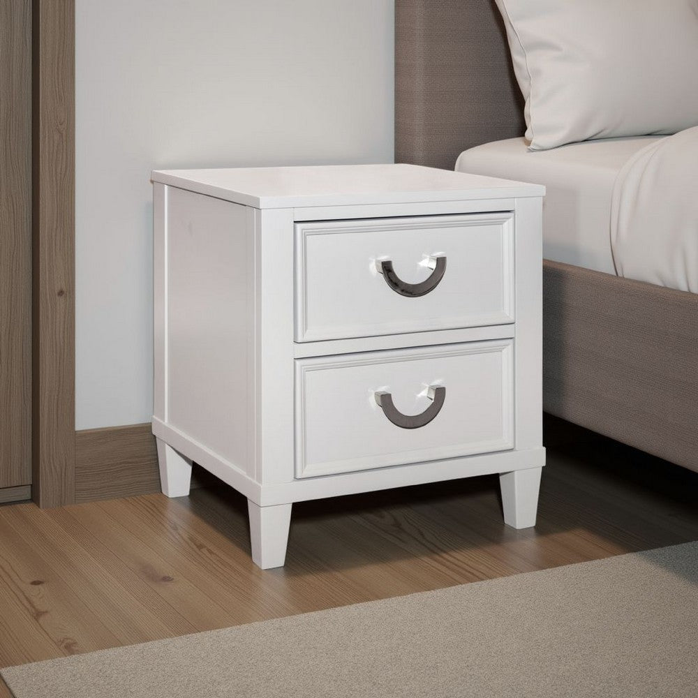 Benjara Kiki Nightstand with 2 Drawers, Chrome Metal, White Wood