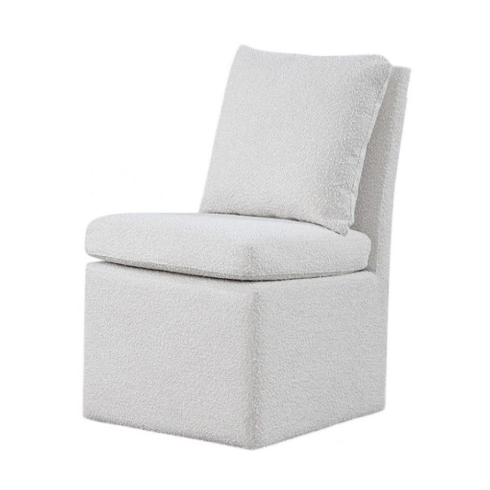 Benjara Ager Side Dining Chair with 6 Caster Wheels, Barrel Style, White Boucle