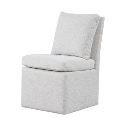 Benjara Ager Side Dining Chair with 6 Caster Wheels, Barrel Style, White Boucle