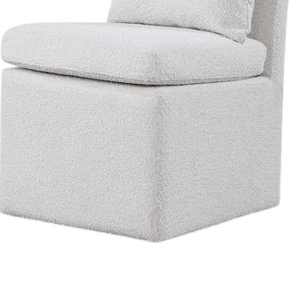 Benjara Ager Side Dining Chair with 6 Caster Wheels, Barrel Style, White Boucle