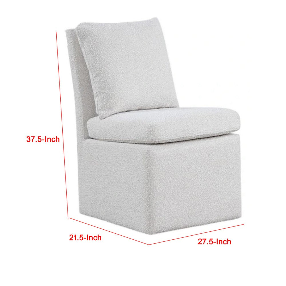 Benjara Ager Side Dining Chair with 6 Caster Wheels, Barrel Style, White Boucle
