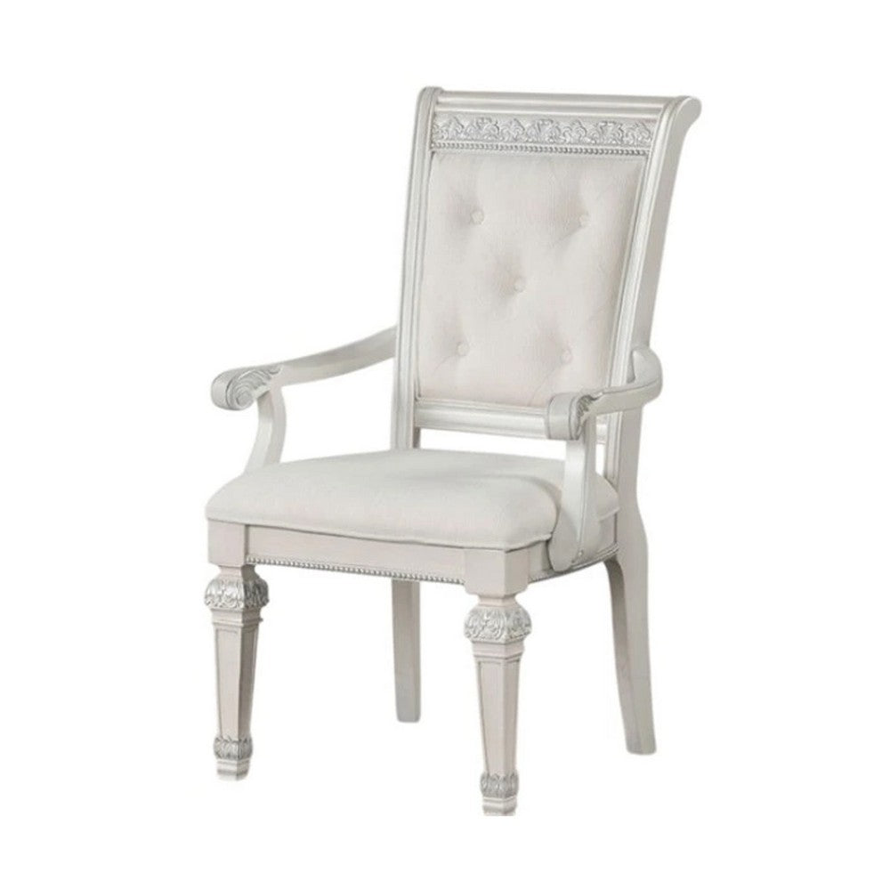 Benjara Miamy Dining Armchair Set of 2, Solid Wood, Ivory Button Tufted Fabric